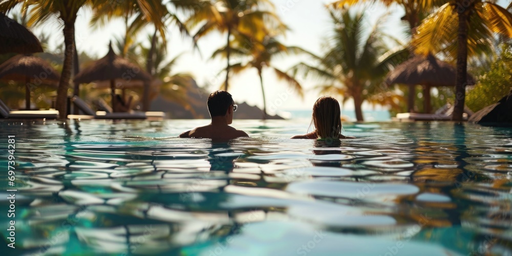 Poster a picture of a couple enjoying themselves in a pool. perfect for summer vacation or relaxation-theme