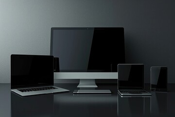 A picture featuring three laptops and a monitor placed on a table. Suitable for technology-related articles or websites