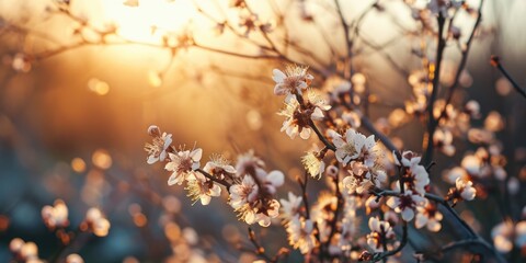A close-up view of a bunch of flowers growing on a tree. This image can be used to depict the beauty of nature and the vibrant colors of blooming flowers - obrazy, fototapety, plakaty