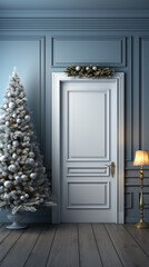 Christmas wreath on gray textured concrete wall, entrance door. AI generative