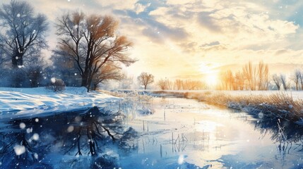 A beautiful painting depicting a serene river surrounded by snow. Perfect for adding a touch of winter wonder to any space