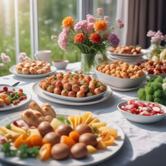 Long table with food and flowers
