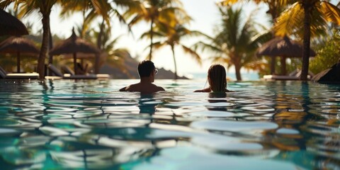 A picture of a couple enjoying themselves in a pool. Perfect for summer vacation or relaxation-themed projects