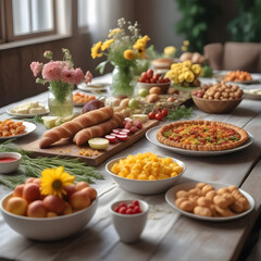 Fototapeta na wymiar Long table with food and flowers