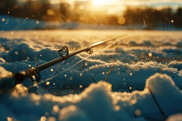 A fishing rod resting on top of snow-covered ground. Ideal for winter outdoor activities - obrazy, fototapety, plakaty