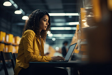 Efficient storehouse operations led by a focused businesswoman using technology for shipping and logistics management.