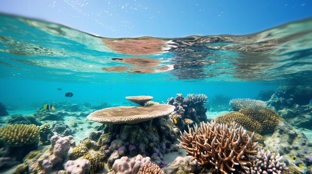 A wide underwater shot of coral reefs that are both green and brown