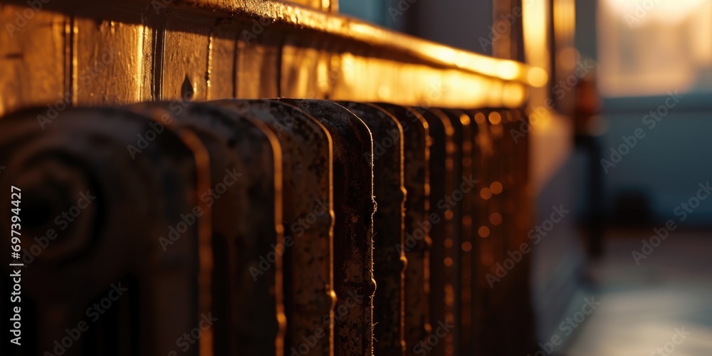 Poster a detailed view of a radiator in a room. suitable for home improvement or interior design concepts