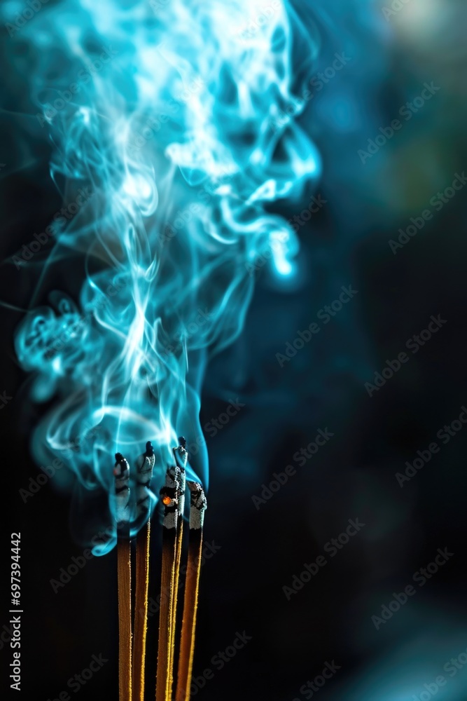 Poster a close-up view of an incense stick with smoke billowing out of it.