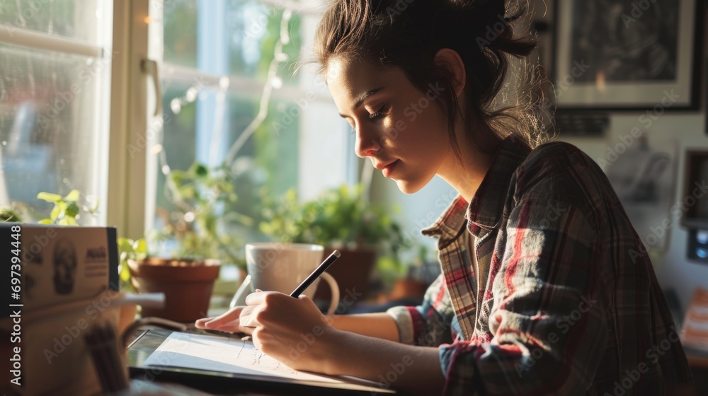 Poster A woman sitting at a table, focused on writing in her notepad. Perfect for business, education, or creative concept designs