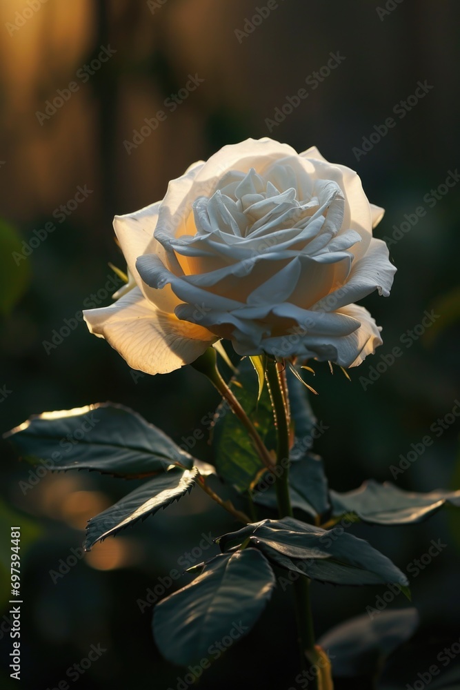 Poster a single white rose with green leaves in the background. suitable for various occasions and themes