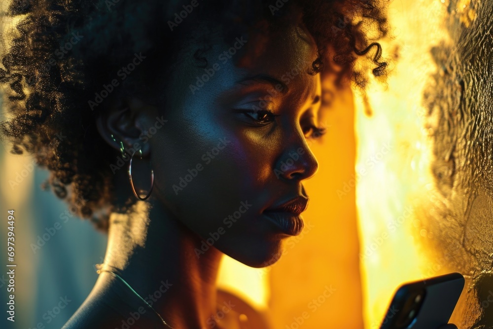 Poster a woman is seen looking at her cell phone in front of a wall. this image can be used to represent mo