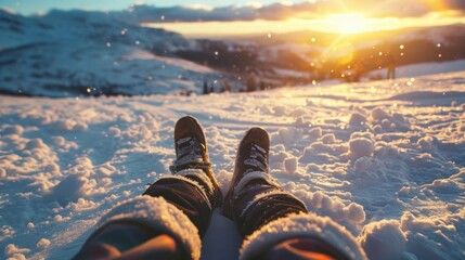 A person is seen laying in the snow with their feet up. This image can be used to depict relaxation, winter activities, or enjoying the snow. - Powered by Adobe