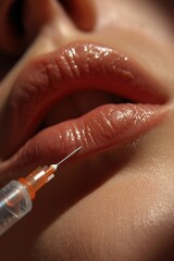 A close-up image of a person holding a syringe in their mouth. This picture can be used to illustrate drug addiction or substance abuse - obrazy, fototapety, plakaty