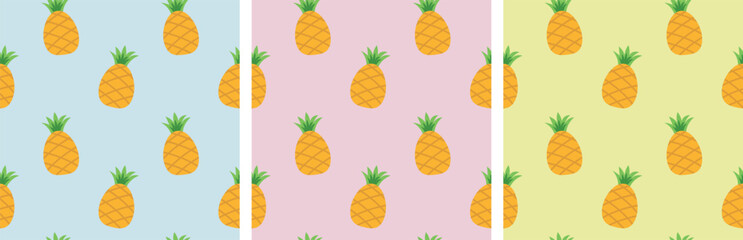 a set of colored patterns with pineapple. tropical pineapple fruit, seamless pattern, wrapping paper, banner, postcard, simple cute design