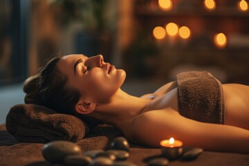Woman laying on a massage table with candles in the background. Ideal for spa and relaxation concepts - obrazy, fototapety, plakaty