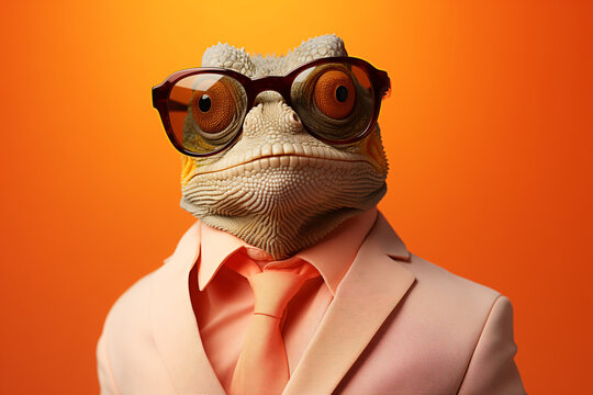 Close-up of front view of cute funny colorful peach pink exotic chameleon in glasses and suit on peach orange isolated background.