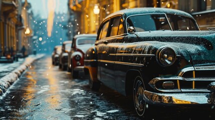 An old car parked on the side of the street. Suitable for vintage car enthusiasts or urban scenes - obrazy, fototapety, plakaty