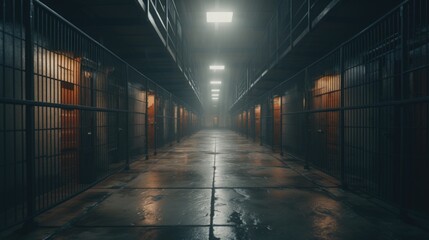 A long hallway with multiple bars. Suitable for illustrating confinement or imprisonment