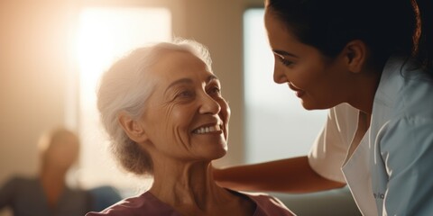 A nurse providing assistance to an elderly woman with a warm smile. Suitable for healthcare and elderly care themes - obrazy, fototapety, plakaty