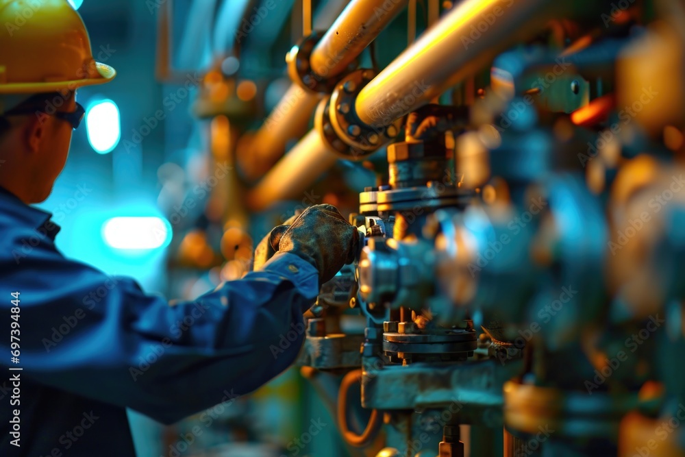 Poster a man wearing a hard hat is seen working on pipes. this image can be used to depict construction, pl
