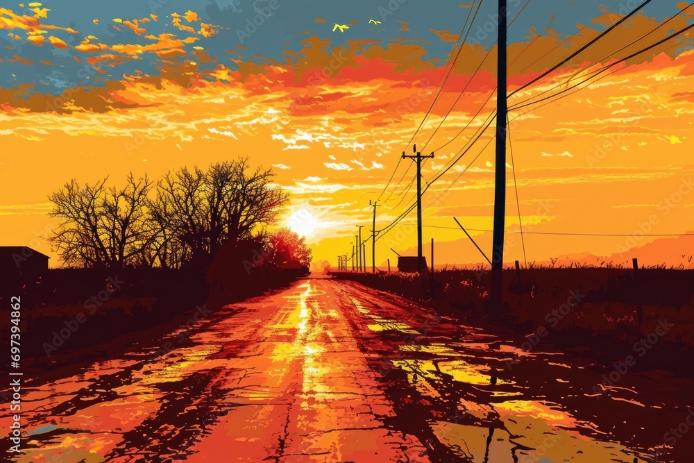 Poster a beautiful painting capturing the serene atmosphere of a sunset on a country road. perfect for addi