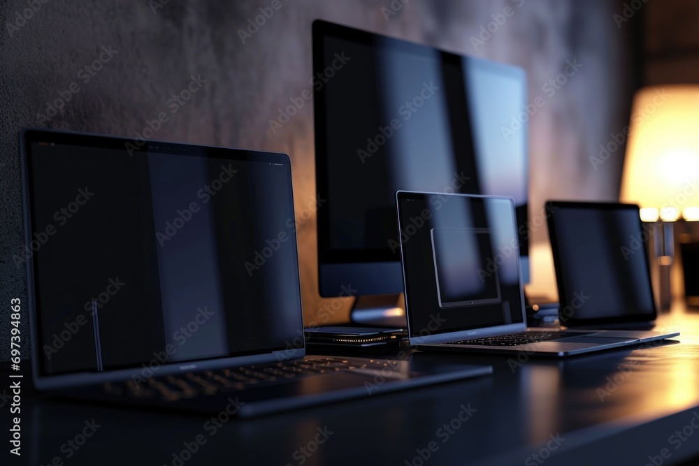 Poster A row of laptops sitting on top of a desk. Suitable for technology-related projects
