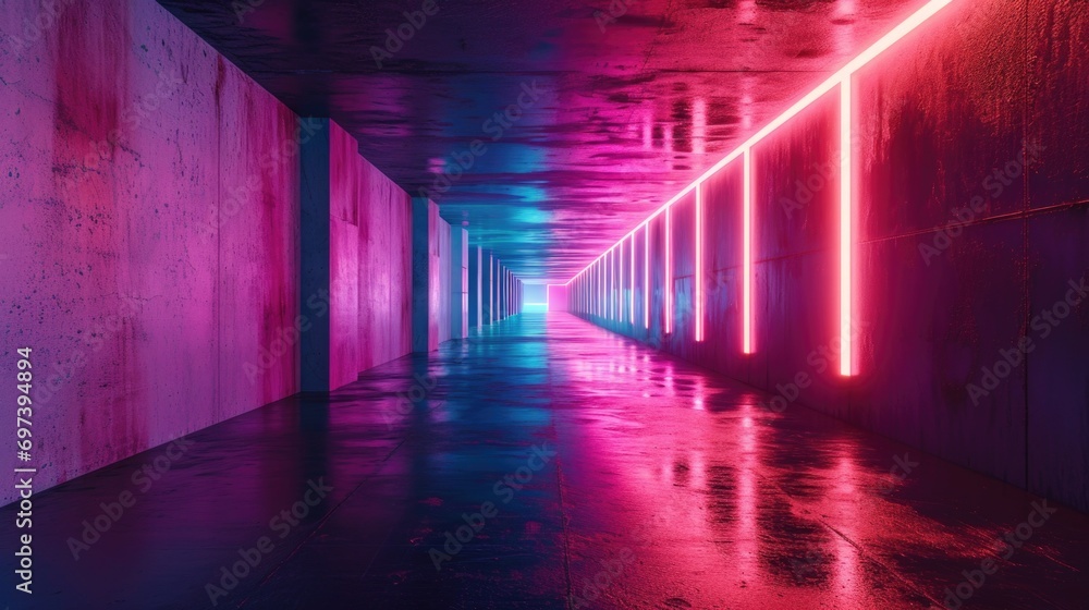 Poster A long hallway illuminated by vibrant neon lights. Perfect for adding a futuristic and modern touch to any project