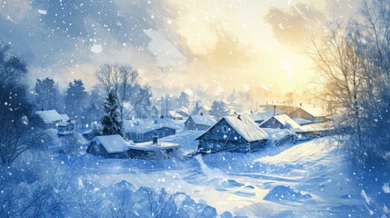A beautiful painting depicting a charming village covered in a blanket of snow. Perfect for winter-themed designs and holiday projects