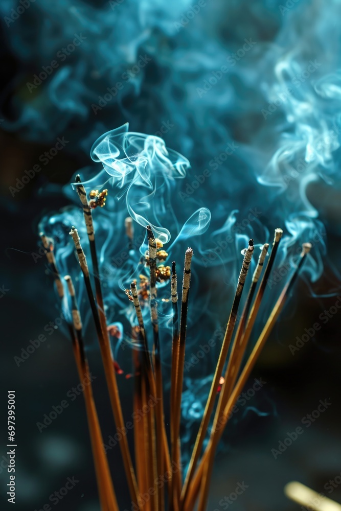 Poster a group of incense sticks emitting smoke. perfect for creating a peaceful and aromatic atmosphere