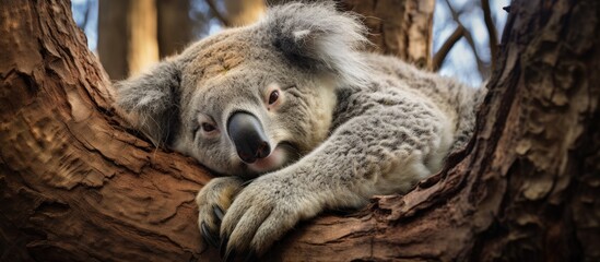 Sleeping koala in tree fork, looking at camera.