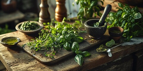 Fresh herbs arranged on a wooden cutting board with a mortar. Perfect for culinary and herbal medicine concepts - obrazy, fototapety, plakaty