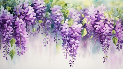 watercolor painting, clusters of wisteria flowers hanging from branches with green leaves. different shades of purple and lilac flowers, creating a soft and delicate look.