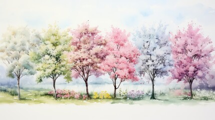 Obraz na płótnie Canvas Watercolor illustration of trees at different stages of flowering. a distinct season or stage with different colors and types of foliage.