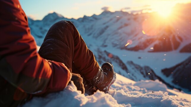 A person sitting on top of a snow-covered mountain. This image can be used to depict solitude, adventure, or the beauty of nature.