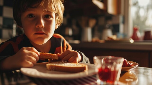A young boy is sitting at a table with a plate of food. This image can be used to depict a child having a meal or to illustrate concepts related to nutrition and healthy eating