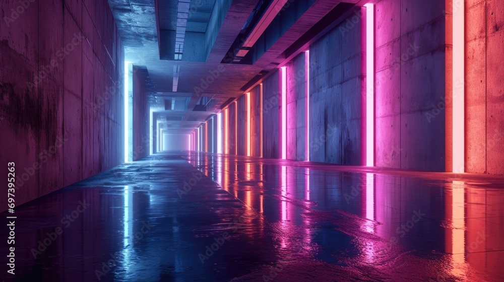 Poster A long hallway illuminated by vibrant neon lights. Perfect for adding a futuristic touch to any project
