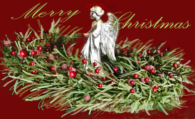 Christmas décor  green and red berries' silver angel  