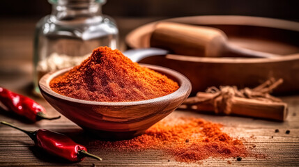 Paprika powder in a wooden bowl on a table - Powered by Adobe