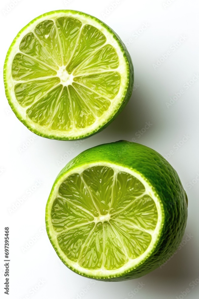 Poster Two limes cut in half resting on a clean white surface. Suitable for refreshing drink recipes or citrus-themed designs