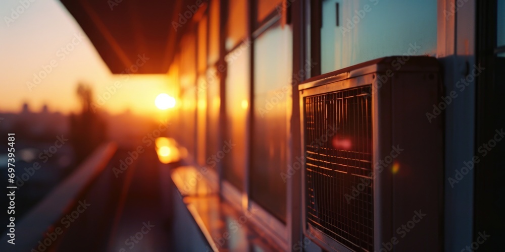 Poster A view of the sun setting through a window. Perfect for adding a warm and cozy atmosphere to any project