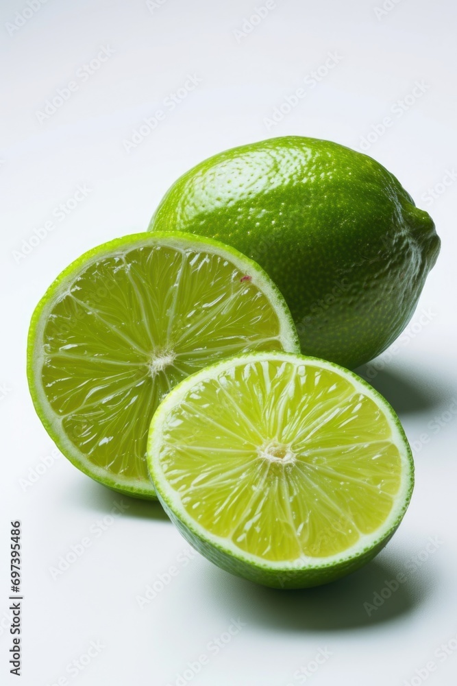 Poster two limes and a half cut lime on a white surface. suitable for food and beverage related content