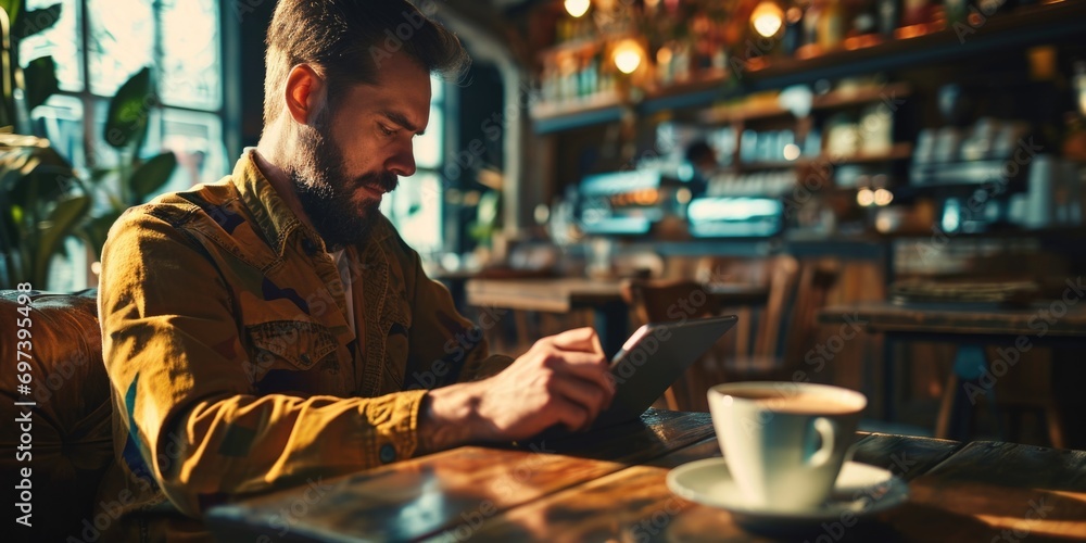 Poster a man is seated at a table, engrossed in looking at his cell phone. this image can be used to depict