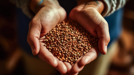 Mens hands gently grasp flax seeds