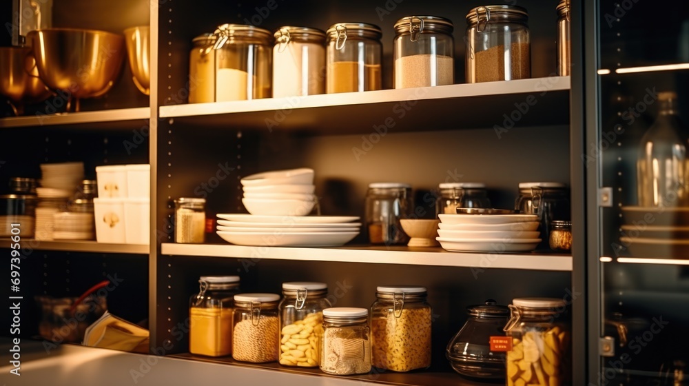 Aufkleber a shelf filled with a wide selection of different types of food. ideal for food blogs, recipe websit