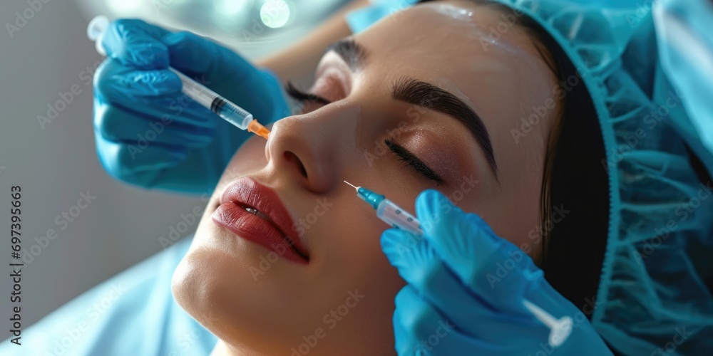 Poster a woman is getting a injection from a doctor. this image can be used to depict medical procedures an