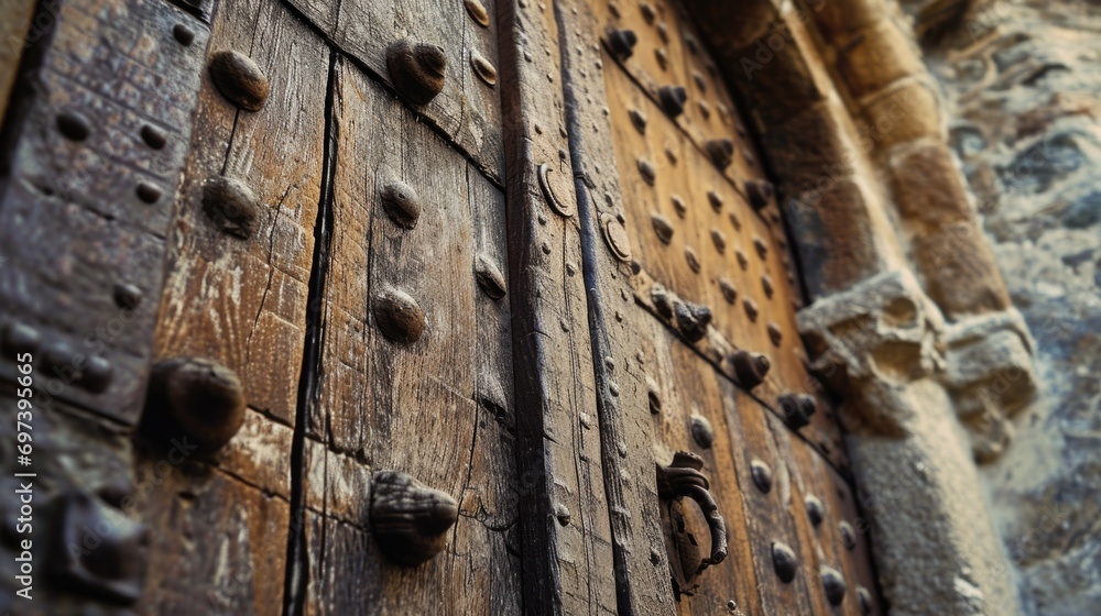 Poster A detailed close-up shot of a wooden door with rivets. This versatile image can be used for various concepts and themes