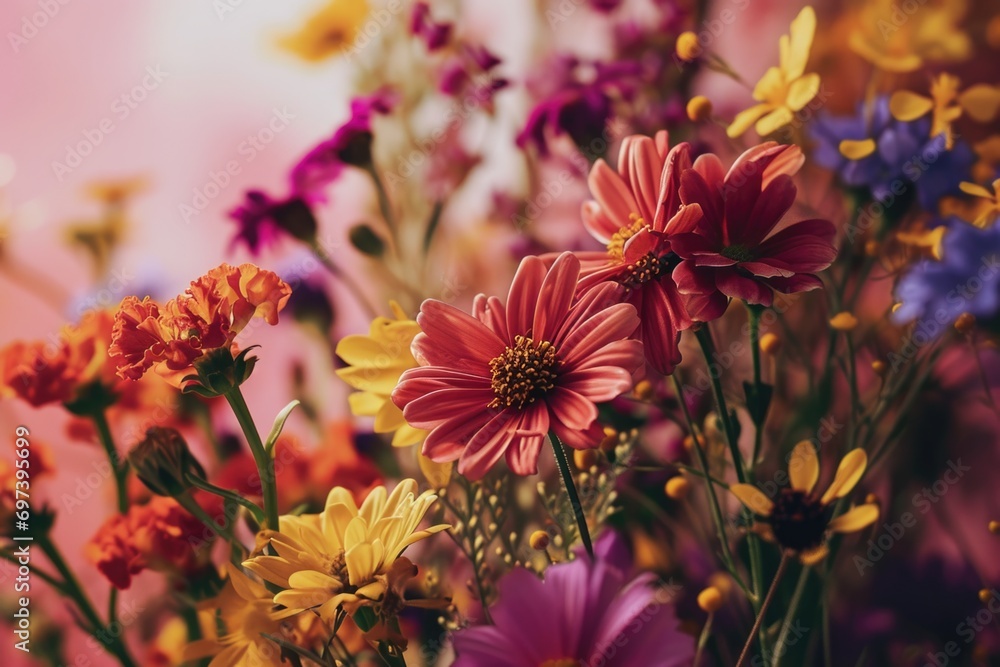 Poster A close-up view of a beautiful bunch of flowers. Perfect for adding a touch of nature and color to any project