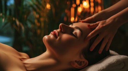 Obraz na płótnie Canvas A woman receiving a relaxing facial massage at a spa. This image can be used to promote wellness, self-care, and beauty treatments