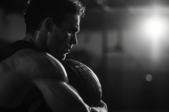A man is seen holding a basketball in a dimly lit room. This image can be used to depict sports, indoor activities, or a player preparing for a game